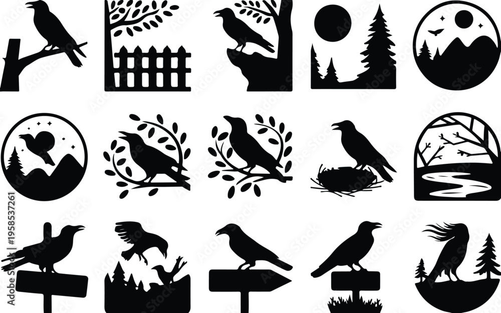 Fototapeta premium Raven Silhouette Icon Collection Set