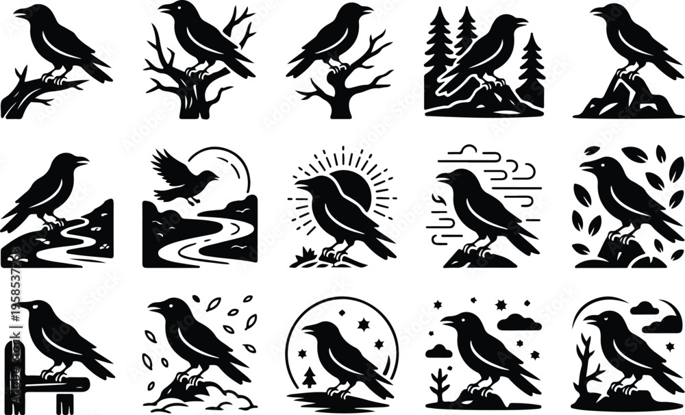 Fototapeta premium Raven Silhouette Icon Collection Set