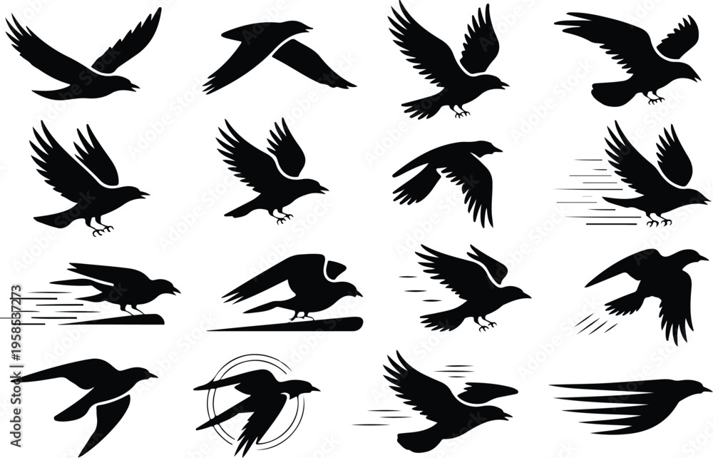 Obraz premium Raven Silhouette Icon Collection Set