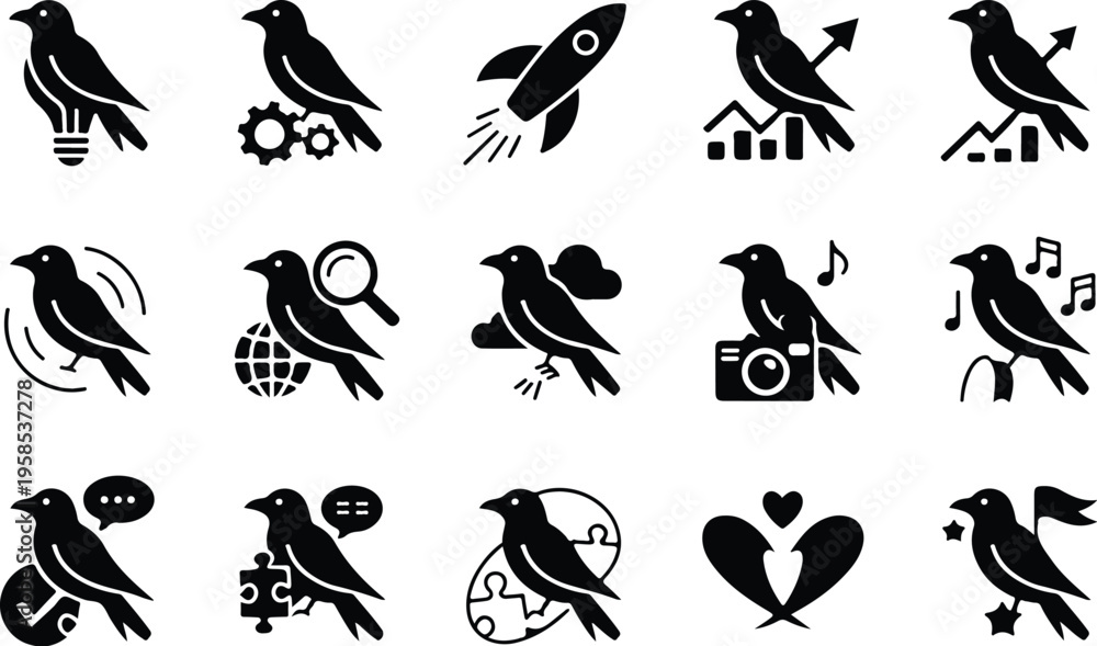 Fototapeta premium Raven Silhouette Icon Collection Set