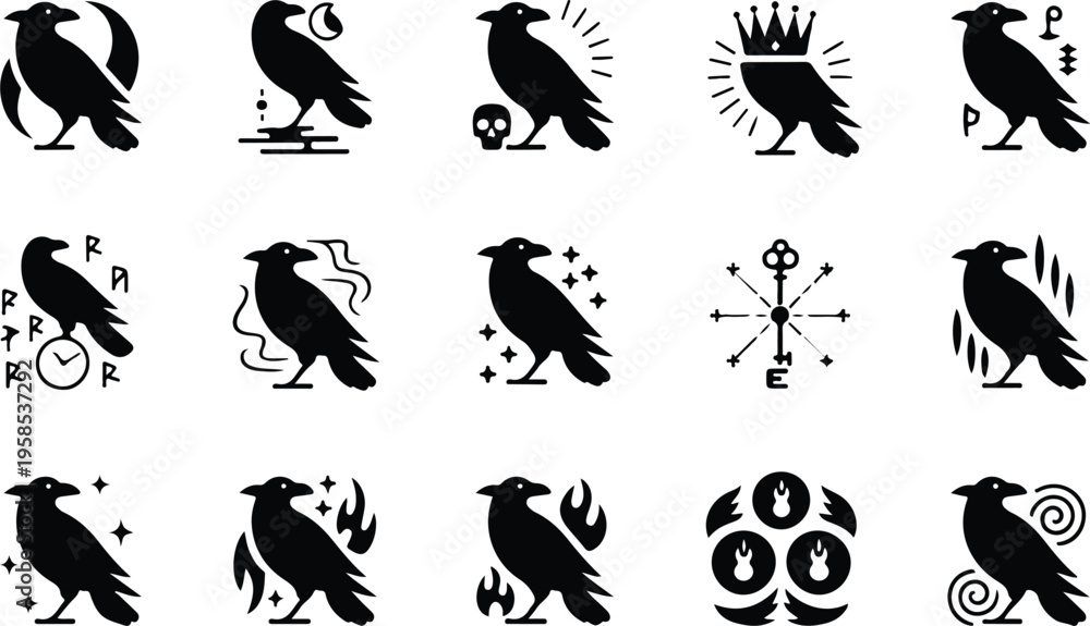Fototapeta premium Raven Silhouette Icon Collection Set