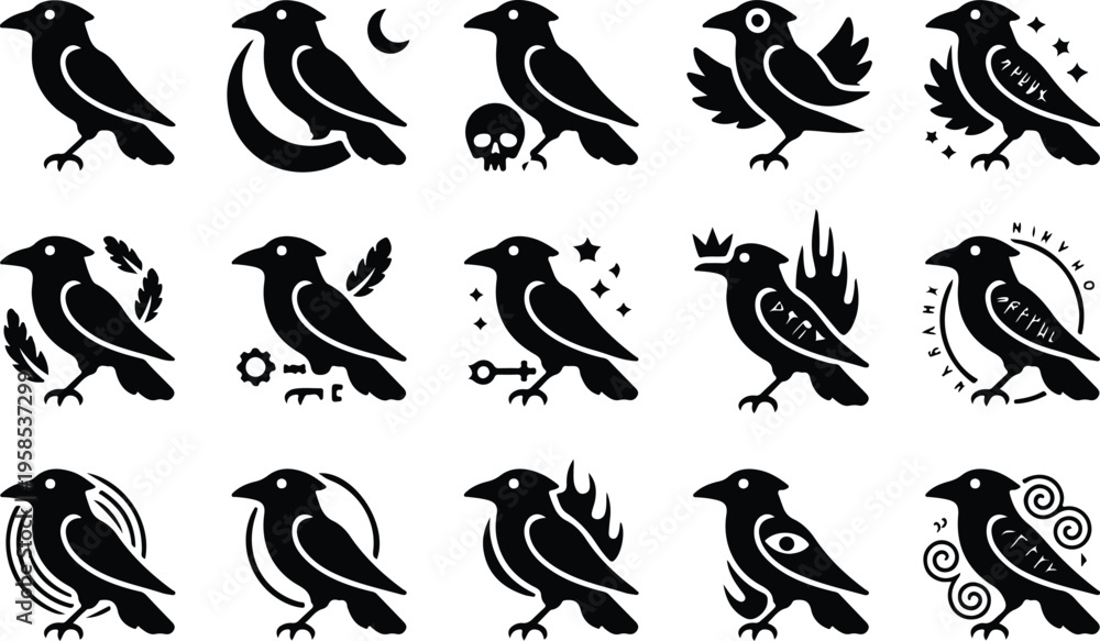 Fototapeta premium Raven Silhouette Icon Collection Set