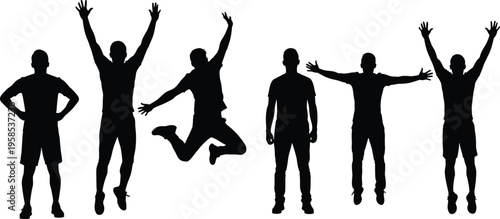 Set of black silhouettes of men jumping and cheering in celebration, isolated on white background, representing success, freedom, and happiness.