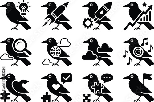Raven Silhouette Icon Collection Set