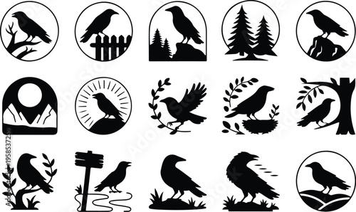 Raven Silhouette Icon Collection Set