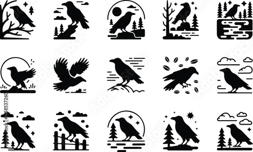 Raven Silhouette Icon Collection Set