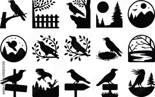 Raven Silhouette Icon Collection Set