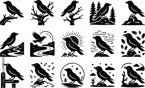 Raven Silhouette Icon Collection Set