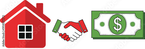 Real estate transaction vector illustration with house, handshake and money symbol, property sale and home purchase concept isolated on white background.