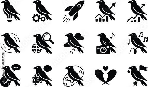 Raven Silhouette Icon Collection Set
