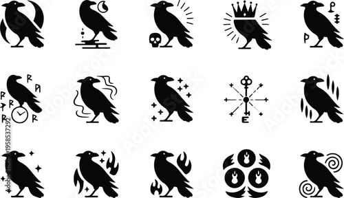 Raven Silhouette Icon Collection Set