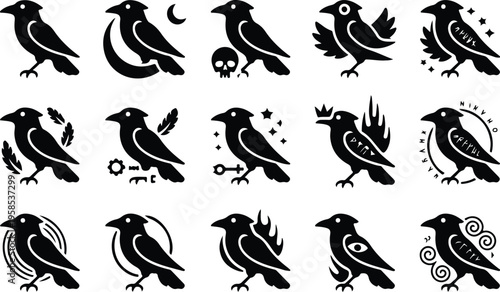 Raven Silhouette Icon Collection Set