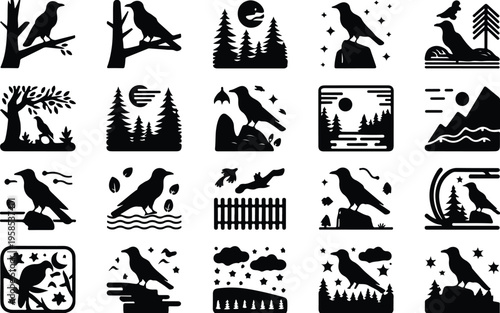 Raven Silhouette Icon Collection Set