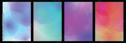 Colorful overlapping gradient poster circles offer smooth blurred transitions across four layouts set. An elegant vector template set ideal for modern event posters or corporate brochures. 