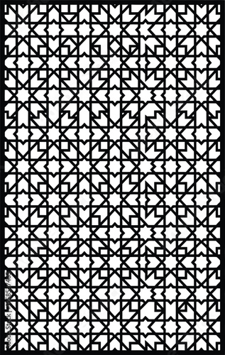 Elegant black and white seamless geometric pattern in traditional Islamic art style, ideal for decorative backgrounds, screens.