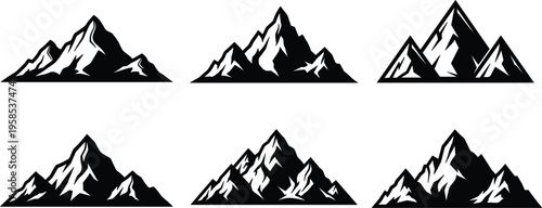 Black and White Mountain Peaks Set for Nature, Adventure, and Outdoor-Themed Designs.