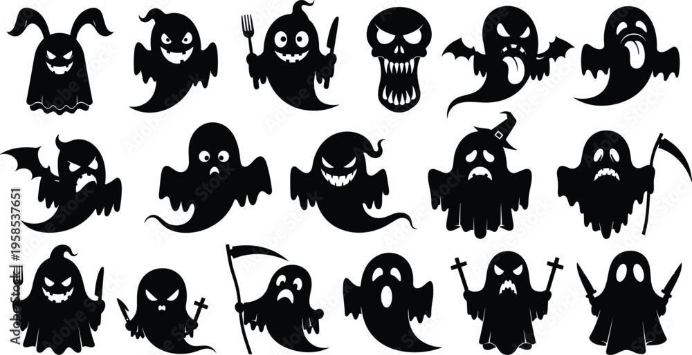 Obraz premium Silhouette of various spooky halloween ghosts and scary monster characters with different expressions for holiday party and festive graphic design