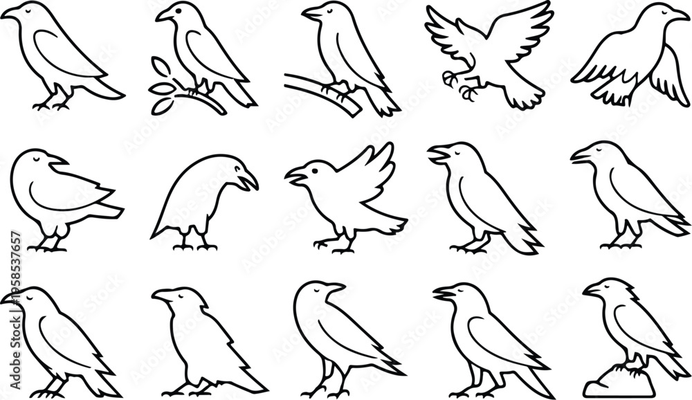 Fototapeta premium Raven Silhouette Icon Collection Set