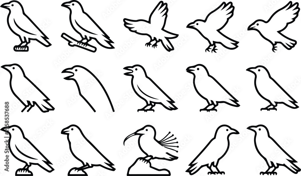 Fototapeta premium Raven Silhouette Icon Collection Set