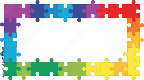 Colorful puzzle frame vector illustration with connected jigsaw pieces, rainbow border design element for education and teamwork concepts isolated on white background.