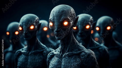 Army of grey aliens with glowing orange eyes in the dark