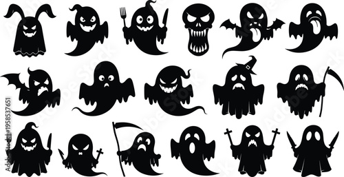 Silhouette of various spooky halloween ghosts and scary monster characters with different expressions for holiday party and festive graphic design