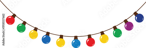 Colorful hanging light bulb garland vector illustration with festive string lights, holiday decoration design element isolated on white background.
