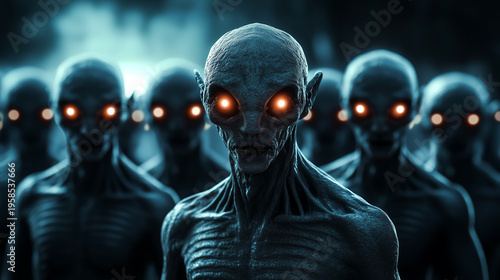 Army of grey aliens with glowing orange eyes in the dark