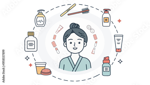 A cartoon woman surrounded by various beauty and hygiene products in a circular vector illustration