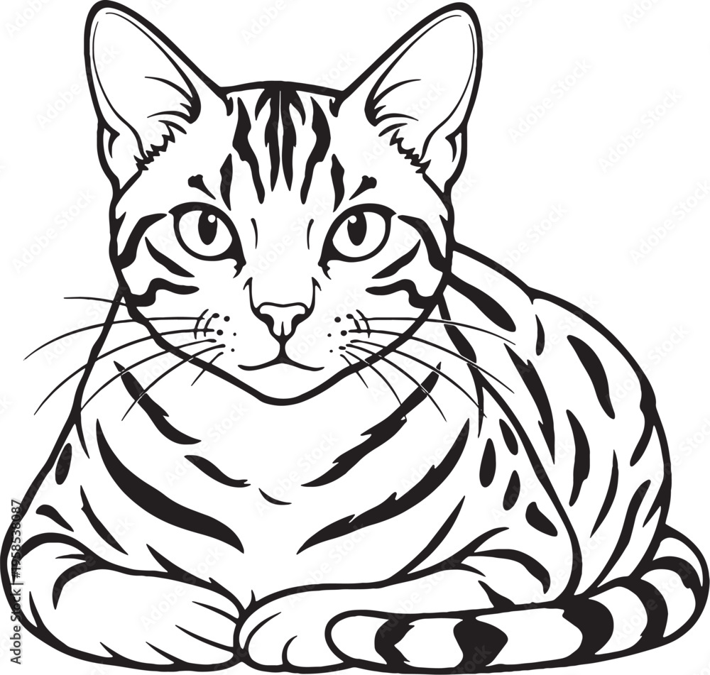 Obraz premium Bengal Cat Loaf Sitting Front View Black and White Line Art Vector Illustration