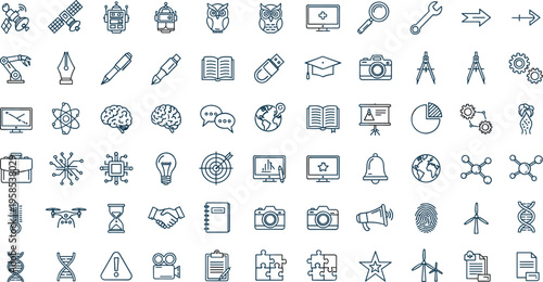 Education and technology vector icon set with science, school, robotics, camera and innovation symbols, outline knowledge collection isolated on white background.