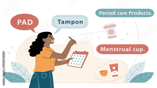 A woman discussing period care products with a calendar and pen in hand