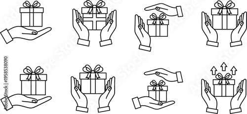 Gift delivery and protection vector icon set with hands holding present boxes, outline charity and giving symbols isolated on white background.