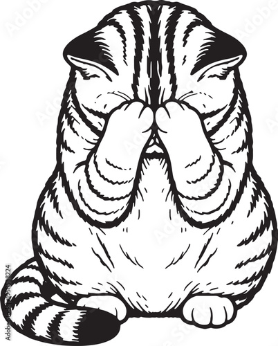 American Shorthair Cat Hiding Face With Paws Black and White Line Art Illustration