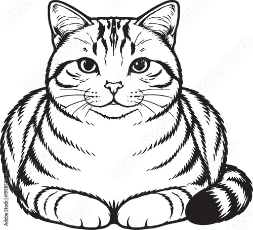 American Shorthair Cat Loaf Sitting Front View Black and White Line Art Illustration