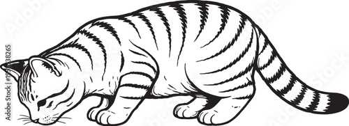 American Shorthair Cat Eating Side View Black and White Line Art Illustration