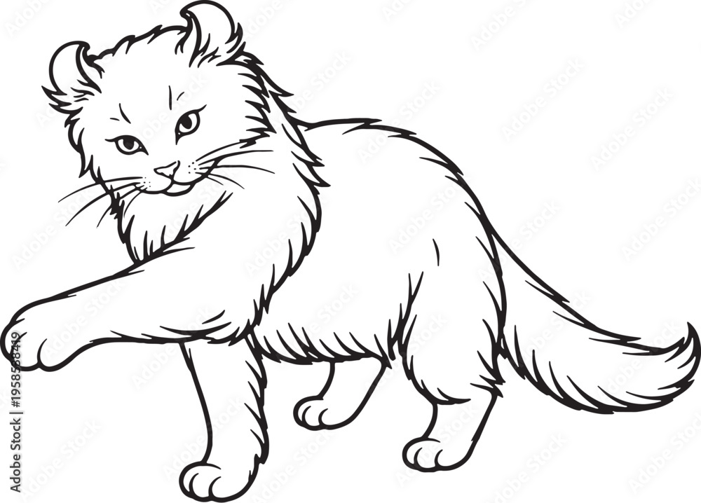 Obraz premium American Curl Cat Batting Paw Swipe Black and White Line Art Illustration