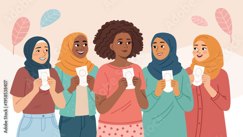 A diverse group of women holding menstrual cups in a vector illustration