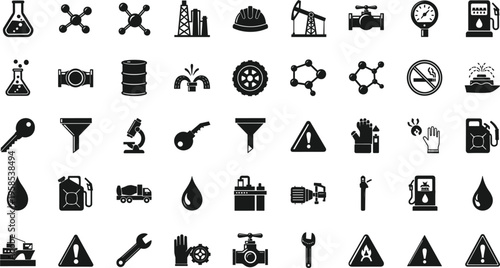 Oil and gas industry vector icon set with drilling, refinery, fuel, pressure gauge and hazard symbols isolated on white background.