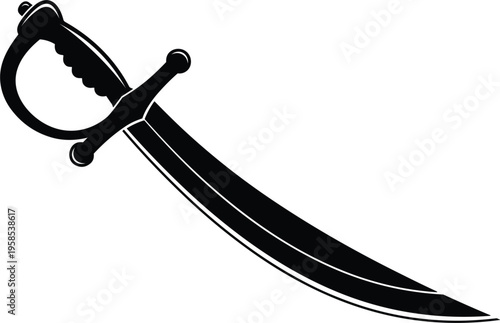 Fotografía Pirate Sword Illustration with Curved Blade and Detailed Handle in Black and White