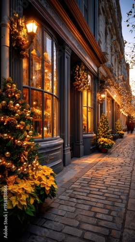 A charming evening scene featuring illuminated windows and festive decorations on the street