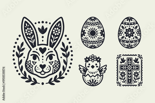 Easter Folk Art Illustration Set with Bunny, Chick, Eggs, and Cross