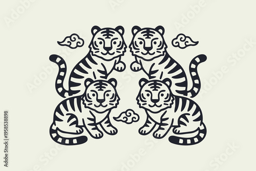 Four Minimalist Cartoon Tigers Illustration in Traditional Asian Art Style