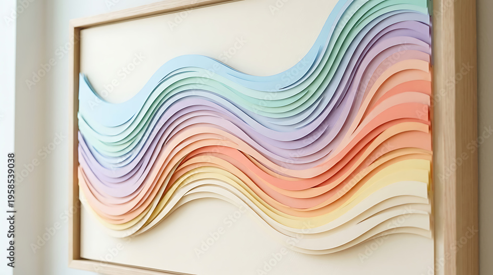 Obraz premium Colorful wavy layered paper art in wooden frame on wall transparent background