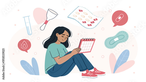 A woman sitting and tracking her menstrual cycle with a calendar and various period products around her