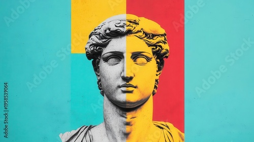 Surreal collage combining classical statues with modern color blocks and textures