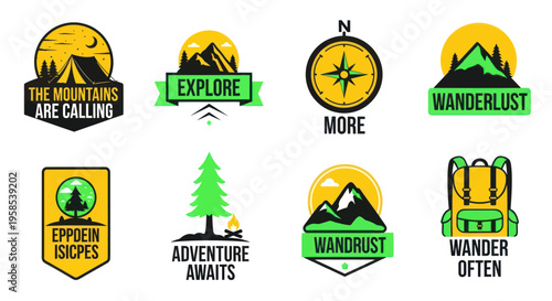 Adventure Camping Mountain Explore Wanderlust Backpacking Vector Badges Set