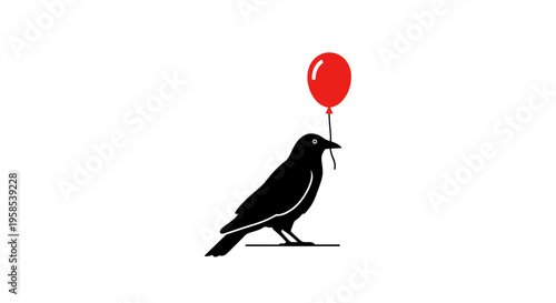 Black bird holding a red balloon on a white background