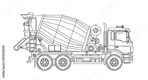 Concrete mixer truck line drawing, construction vehicle illustration