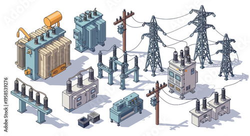 Electrical Power Grid Components Isometric Illustration